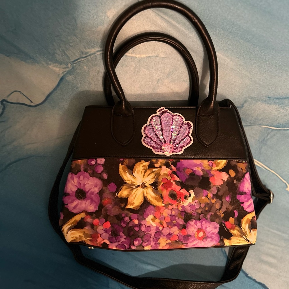 Black Floral & Seashell Crossbody Purse - OOAK Medium Size
